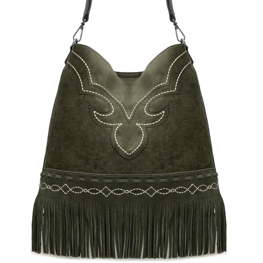 Fringe Suede Shoulder Bag in Olive Green